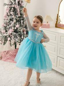 SHEIN Glamorique Kids Mädchen Prinzessin Tüllkleid, blaues Mesh Party Kleid, Geburtstags Party, Hochzeit, Festival Anlass Abendkleid, Partywear, Europäischer & Naher Osten Stil - Blau - Übersicht 3