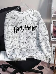 HARRY POTTER X SHEIN Plus Size Fall Casual Owl Print Crew Neck Sweatshirt/Winter - White - View 1