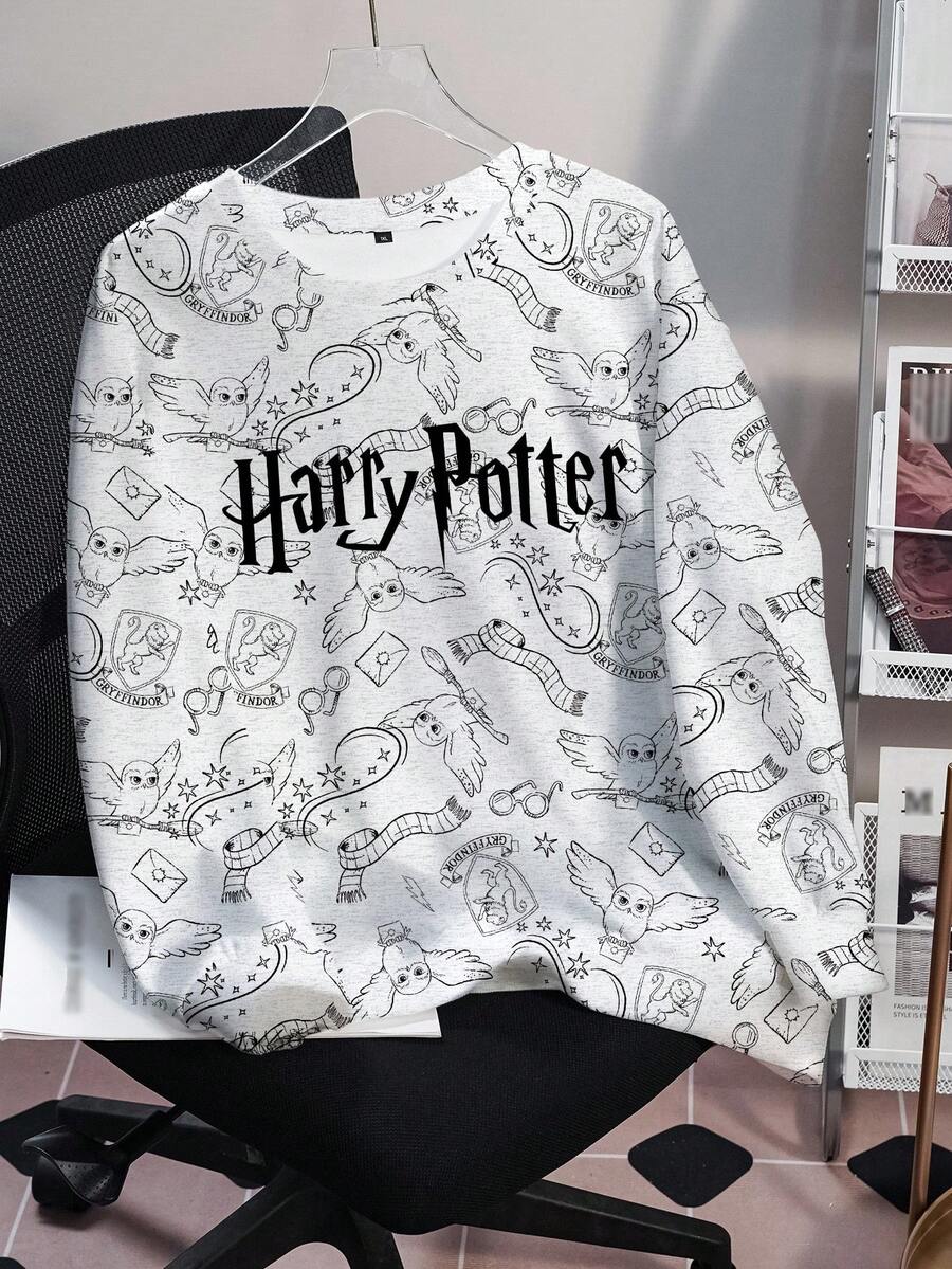 HARRY POTTER X SHEIN Plus Size Fall Casual Owl Print Crew Neck Sweatshirt/Winter - White - View 1