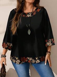 EMERY ROSE Camicia vintage con stampa a foglia d'acero e floreale, scollo tondo, maniche 3/4, adatta per l'autunno/inverno, taglie comode