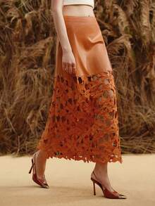 Arave Women's Solid Color Hollow Out Elegant PU Contrast Lace Midi Skirt