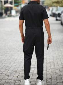 Manfinity Homme Men Casual Solid Color Drawstring Waist Jumpsuit With Pockets, Spring/Summer Cargo Men Shorts - Black - View 2