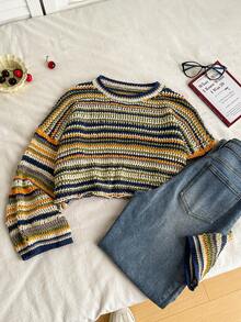 Elamini Casual Versatile Crew Neck Colorblock Striped Sweater