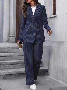 EMERY ROSE 女士条纹翻领长袖外套和裤子休闲套装 女士西装裤套装 女士西装外套套装 女士两件套服装 - 藏蓝色 - 查看 3