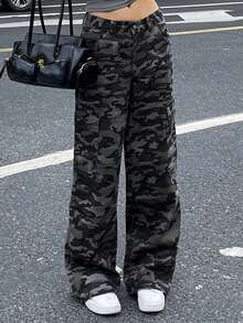 DAZY Quần Cargo họa tiết caro Mỹ cổ điển, dáng suông rộng rãi, nhiều túi, giặt phai màu, mặc thường ngày & đa năng dành cho nữ Quần Jeans Nữ - xanh quân đội - Xem 3