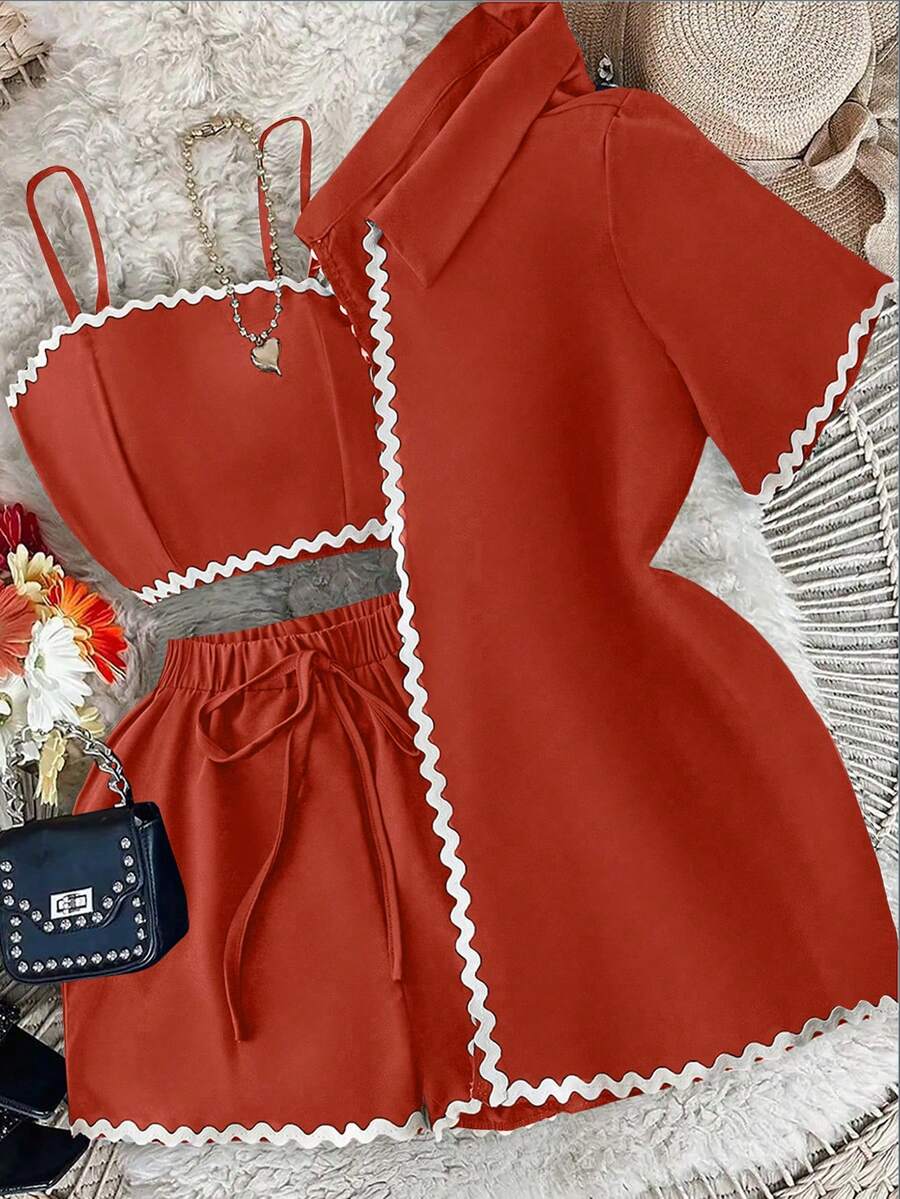 GlowEve 3pcs Women Summer Casual Strap Top, Shorts And Shirt Set - Burnt Orange - View 1