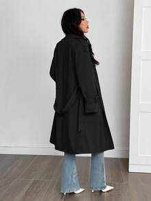 SHEIN PETITE 女士休闲日常通勤简约纯色保暖风衣，秋冬款 - 黑色 - 查看 2