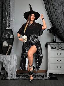 Whyspr Grunge Punk 2pcs/Set Gothic Elegant Spider Web Print Camisole Dress With Chiffon Shawl, Halloween Party Cosplay - Black and White - View 3