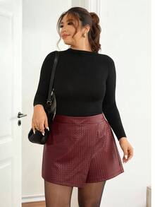 Lounesse Short-jupe mini en PU de couleur unie avec effet porté-enveloppé, grande taille - Rouge foncé - Voir 5