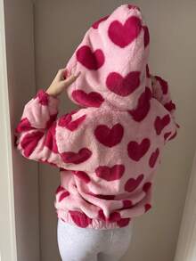 CovetEZ 粉色心形图案落肩拉链连帽泰迪熊舒适毛绒夹克