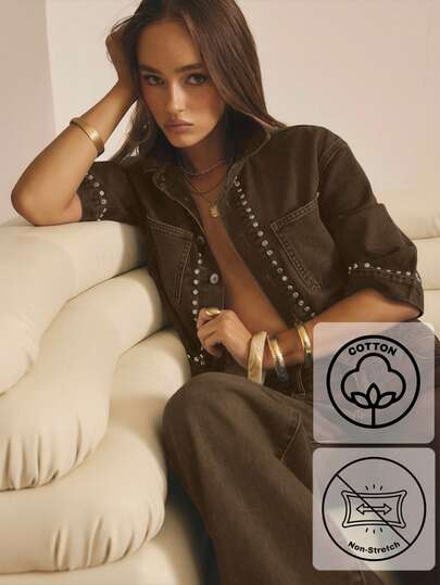 Aralina Winter / Summer Short Sleeve Stud Detail Denim Shirt