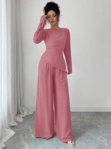 SHEIN Raffinéa 2 件女士纯色褶皱下摆不对称下摆长袖套装端庄两件套 2 件休闲套装女士两件套女士优雅长袖女士优雅 - 藕粉色 - 查看 6