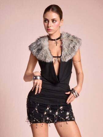 ROMWE Avant Top corto retro sexy Y2K para mujer, con escote pronunciado, decoración cruzada y tela de parche suave