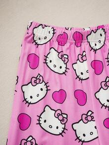 HELLO KITTY AND FRIENDS | SHEIN 2 件套少女可爱卡通小猫心形印花条纹拼色圆领长袖上衣和裤子睡衣套装 - 粉色 - 查看 7