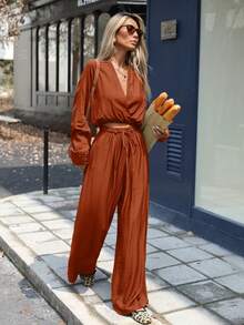 Aveloria Modichic 新款时尚高端中式斜扣吊带腰亚麻衬衫搭配阔腿裤休闲优雅两件套女士优雅商务休闲女装 - 橘色 - 查看 6