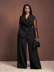 Veslaya Plus-Size Women's Winter Elegant Flared V-Neck Long Sleeve Unique Design Belted Lapel Blazer Set With Wide Leg Pants, Perfect For Christmas Outfits/New Year Wear/Thanksgiving Looks/Graceful Women's Fashion/Social Occasion Tops/Commute Attire/Daily Wear/Office Outfits/Formal Women's Wear - Black - View 6