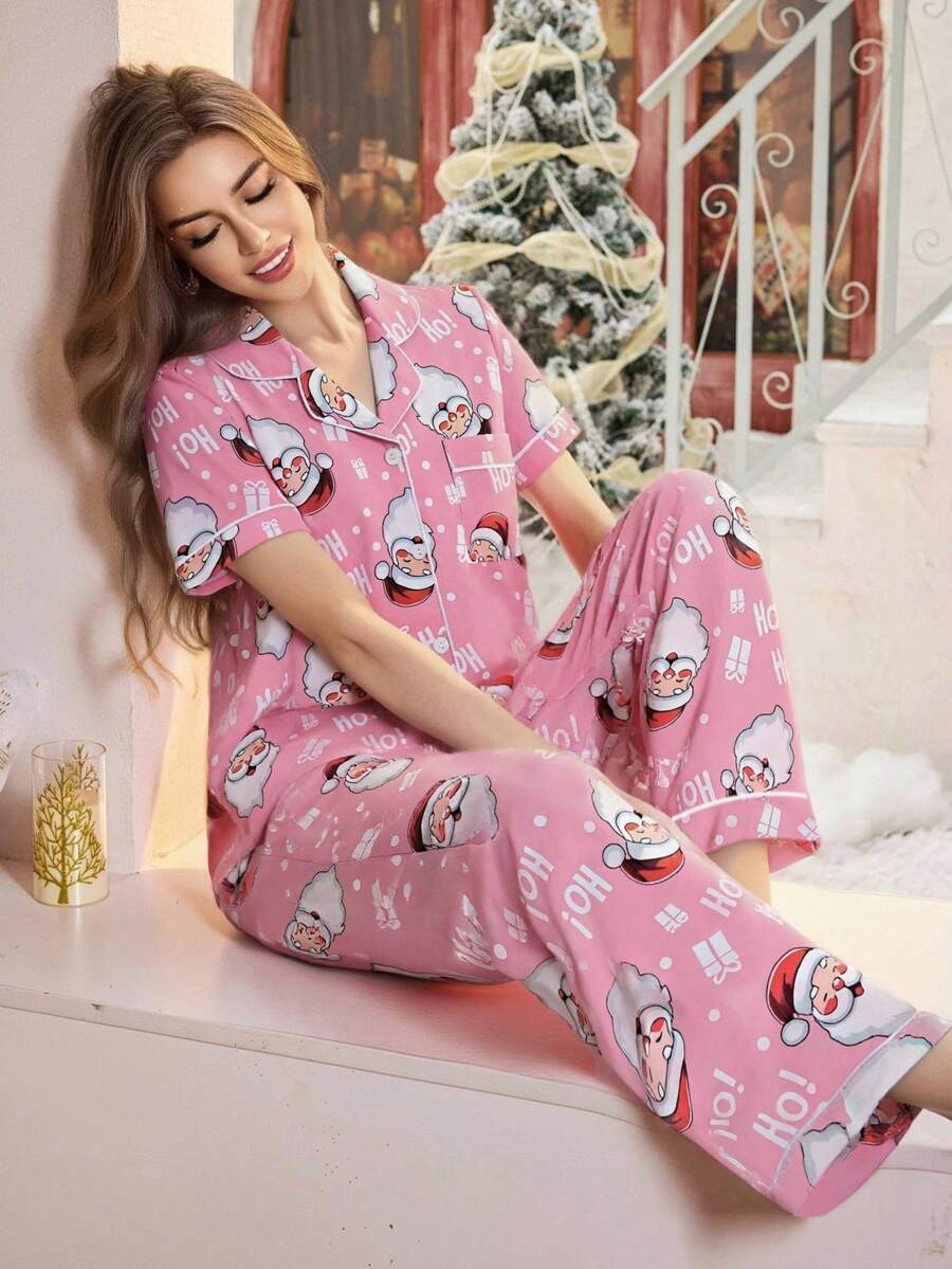 SHEIN 粉色郁金香印花翻领短袖睡衣套装(女款) - 彩色 - 查看 1