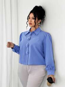 Elenzga Große Größen Blumen Knopf Kragen einfarbige Strickjacke, elegante Bluse - Blau - Übersicht 7