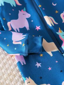 女童长袖连体睡衣，彩色独角兽印花，袖口和脚踝处撞色滚边，弹力柔软面料，舒适贴身睡衣 - 寶藍色 - 查看 6