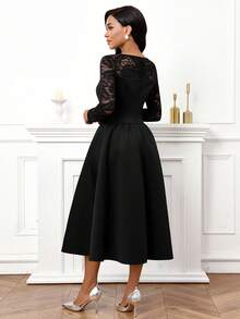 SHEIN Lady 女士纯色方领插肩袖褶皱腰身优雅中长连衣裙 - 黑色 - 查看 3