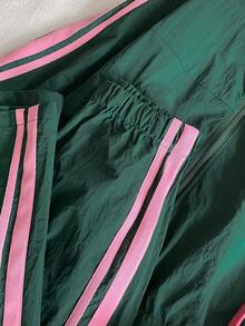 Sparklyn 2-Piece Set Tween Girl A Color-Blocked Striped Zip-Up Jacket With An Embroidered Bow And Elastic Waist Pants.Retro Sports Style Set Suitable For Street Going/Sports And Fitness/Best Friend Travel, All Season Items