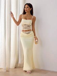 SHEIN PETITE 女士夏季蕾丝拼接透视两件套露背上衣+长裙性感优雅节日装情人节约会装音乐节宴会轻薄连衣裙适合秋冬内搭 - 黃色 - 查看 6