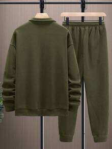Manfinity Homme Men's Solid Color Zip-Up Half Placket Long Sleeve Sweatshirt And Pants Casual 2 Pieces Set, Autumn/Winter Sweatpants Sets Jogging Outfits Jogger Sets For Men Men 2 Pieces Sweat Suit Gym Clothes - Army Green - View 2