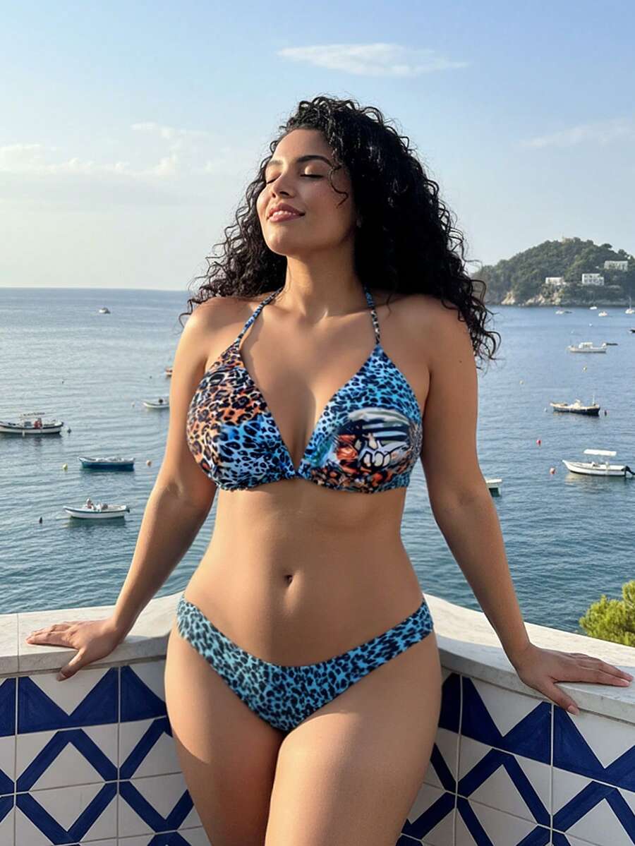 SHEIN Swim Curve 夏季单件大码女式露背印花性感三角比基尼上衣，休闲度假比基尼