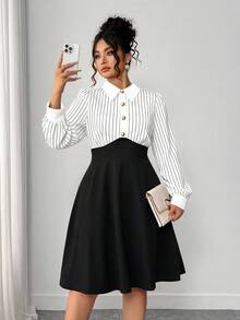 Elenzga 大码女式时尚百搭法式复古奢华优雅通勤休闲日常晚会派对度假条纹纽扣长袖连衣裙（Kooky Elegance 系列 - Woe Is Me Vibes - Wednesday Aesthetic） - 黑與白 - 查看 5