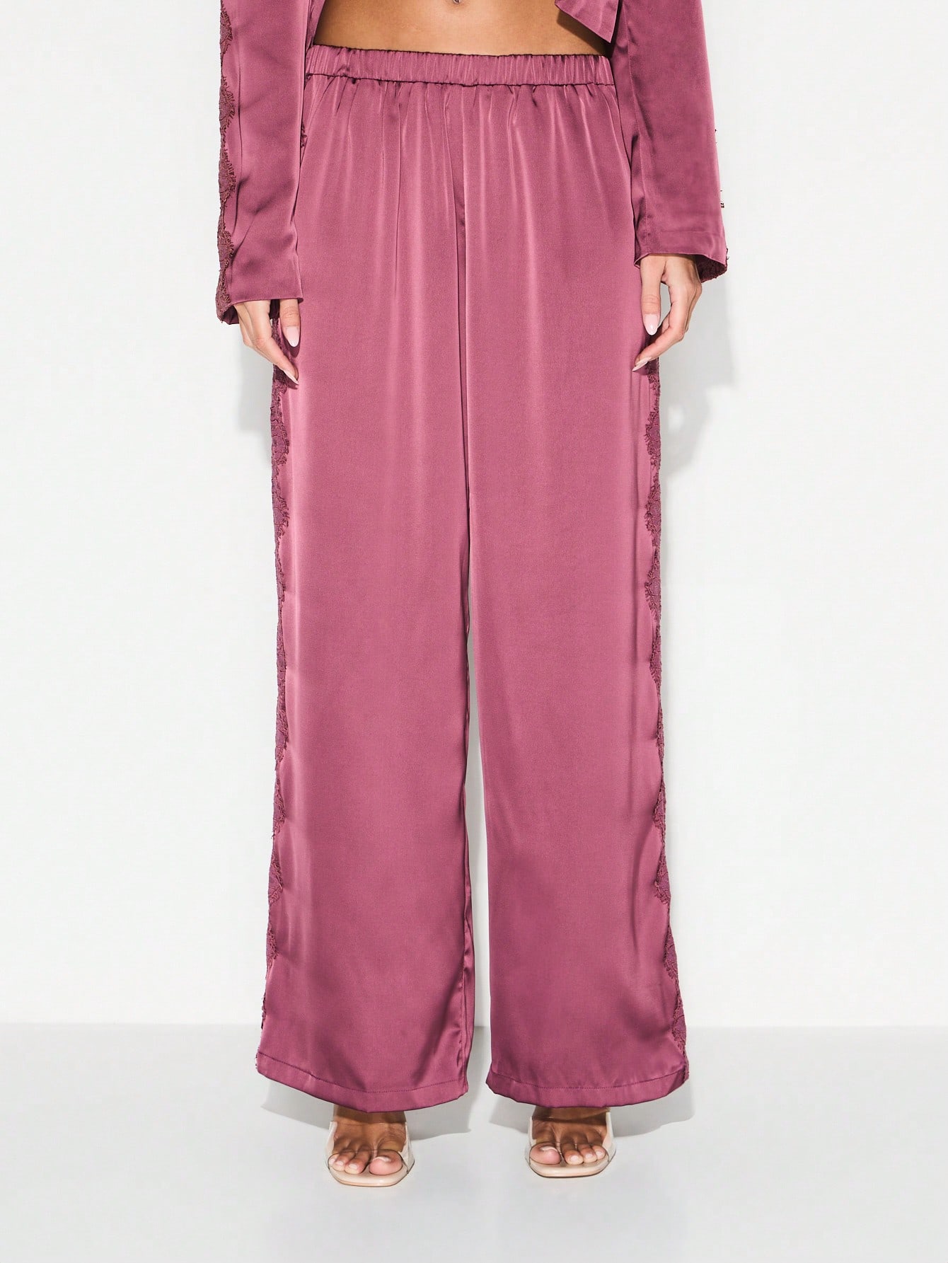 KIZN Satin Wide Leg Pants With Lace Trim