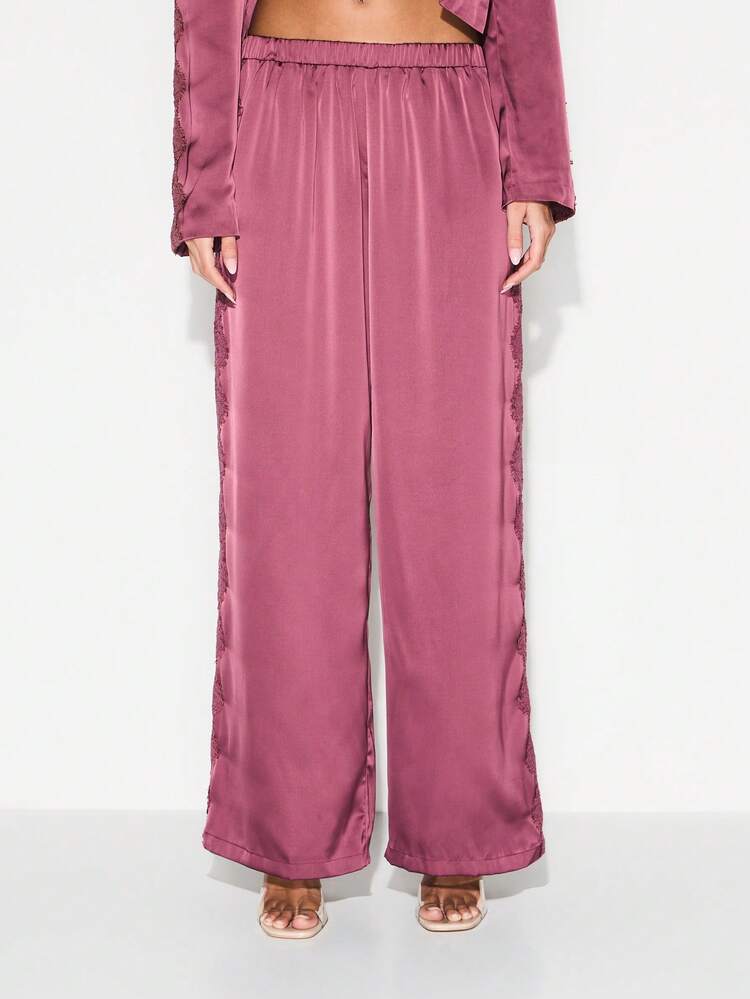 KIZN Pantalones palazzo de satén de pierna ancha con detalles de encaje para un lujoso atuendo de estar en casa y ropa de dormir