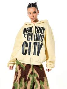 SUMWON WOMEN Boxy Fit Oversized Full Zip Hoodie With Drawstring And New York City Graphic Print For Casual Wear - Yellow - View 5