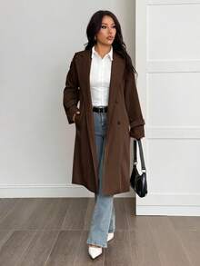 SHEIN PETITE Women's Solid Color Minimalist Casual Long Sleeve Trench Coat,Women's Winter Clothes - Brown - View 9