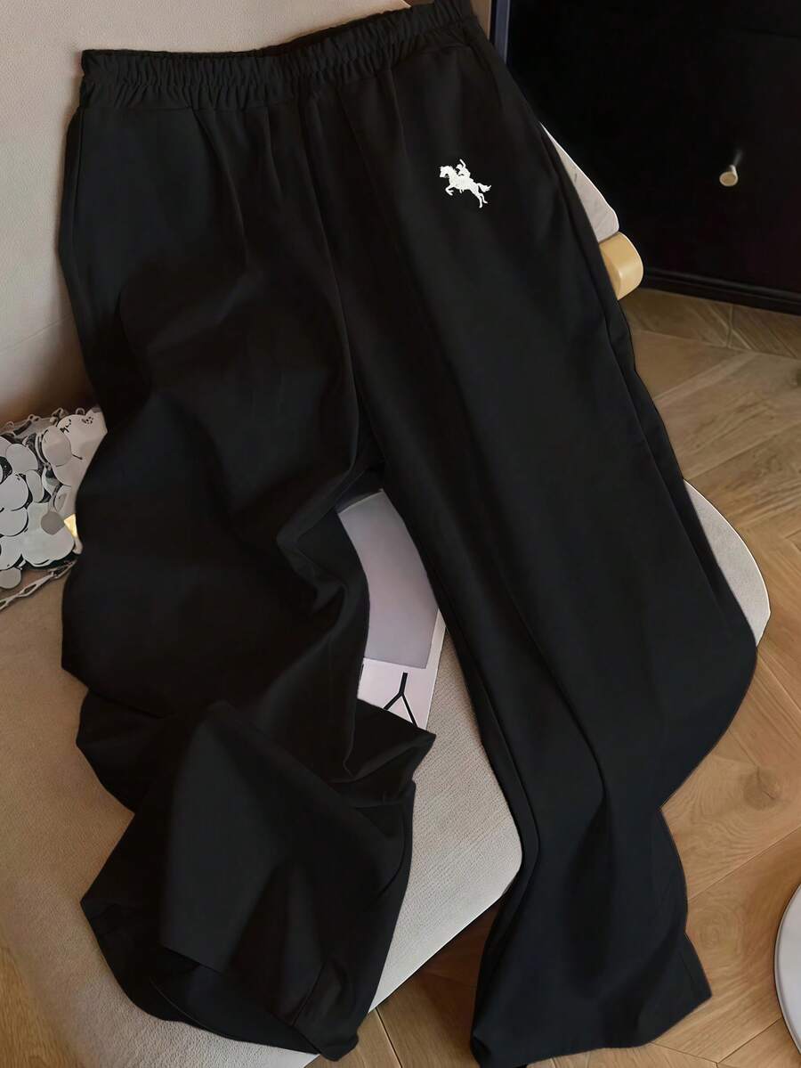 SHEIN EZwear 女士休闲度假阔腿裤，刺绣小马图案，适合夏季度假 - 黑色 - 查看 1
