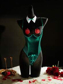 SpicyHot Bộ 4 món/Bộ đồ liền thân hở lưng lưới mỏng gợi cảm dành cho nữ, dòng sản phẩm Giáng sinh - Màu xanh lá cây đậm - Xem 8