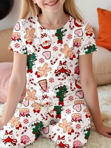 SHEIN Leap Crew Bộ đồ ngủ họa tiết hoạt hình tay ngắn cổ tròn cho bé gái tuổi mới lớn kèm quần legging bó sát - Nhiều màu - Xem 1