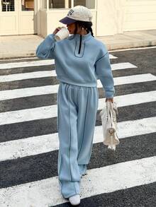 SHEIN Explorewe Streecool 青少年女孩秋冬时尚休闲简约拉链领长袖连帽衫和宽松阔腿裤 2 件套 - 藍色 - 查看 2