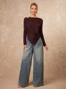 Lumalex Winter Fall Metal Decor Pleated Asymmetrical Hem Fitted Long Sleeve Women T-Shirt Luxury Prom Gathering Party Banquet Modest Old Money Coquette Glitter Holiday Party Rave Festival Outing Vacation Hot Outdoor Richly Layered Wedding Season Banquet ID Al-Adha Al-Adha Party New Year Looks Of Party Gala Night Party Dress For Autumn,Fall,Fall Clothes For Women