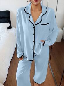 Women's Contrast Trim Lapel Loose Long Sleeve Pajama Set Pajamas Set Light Blue Pj Set Women Lounge Wear Sets Light Blue Pajama Set, Fall & Winter Clothes - Blue - View 3