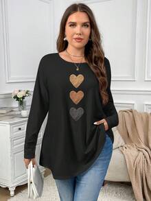 Firerie Ombre Heart Texture Print Casual Minimalist Round Neck Plus Size T-Shirt, Autumn/Winter - Multicolor - View 6