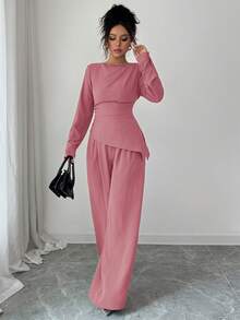 SHEIN Raffinéa 2 件女士纯色褶皱下摆不对称下摆长袖套装端庄两件套 2 件休闲套装女士两件套女士优雅长袖女士优雅 - 藕粉色 - 查看 4