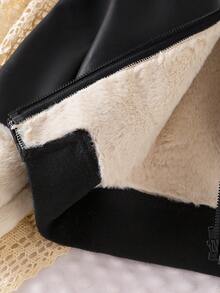 Young Girls Long Sleeve Faux Fur Collar Leather Jacket, Comfortable Winter Snow Zip-Up Children Outerwear, Fashion Motorcycle Clothing