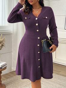 Vionelle Plus Size V-Neck Long Sleeve Cinched Waist A-Line Midi Dress,Dark Purple,Autumn,Elegant,Formal Solid Color Ribbed Button Violet Dress - Purple - View 3