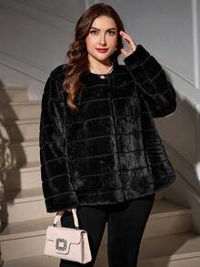 SHEIN Clasi Plus Size Fashionable & Elegant Faux Fur Coat, Autumn/Winter Fall - Black - View 7