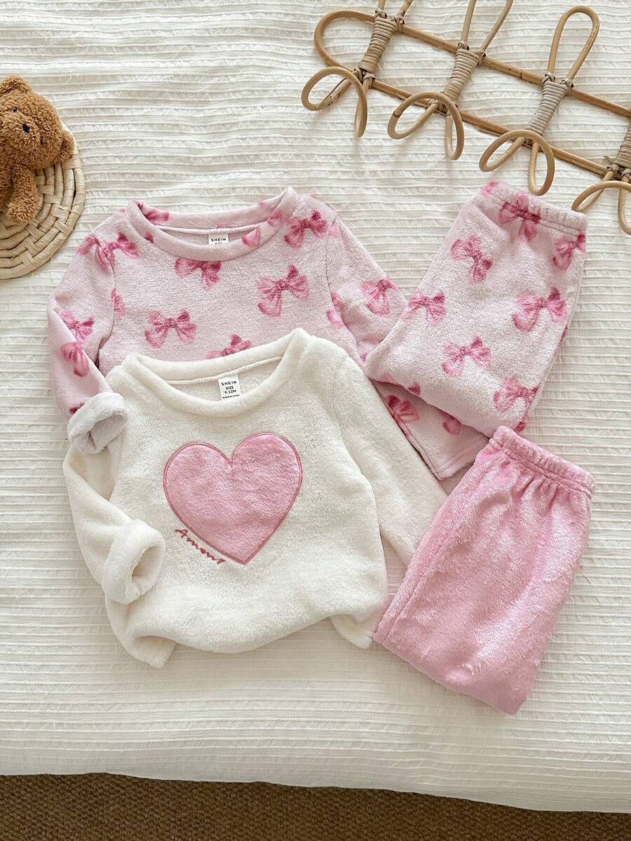 LMoss Kids Conjunto de 4 piezas de ropa de estar en casa para bebé niña con top casual de cuello redondo de punto y pantalones largos - Multicolor - Ver 1