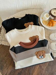 LMoss Kids LMoss 三件套男婴针织纯色小熊图案条纹圆领卫衣套装，男婴宽松圆领卫衣，男婴小熊图案服装，中性婴儿服装，S码，长袖上衣，套头衫，舒适秋冬款式，长袖上衣