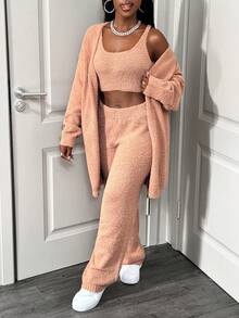 SHEIN BamGlam 3 件套女士针织套装：短款背心、长款开衫和修身裤，纯色休闲简约毛衣套装 - 咖啡棕 - 查看 3