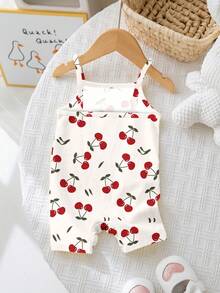 SHEIN Bộ áo liền quần Happikins in hình quả anh đào dễ thương, "Cherry Girl", thích hợp cho bé gái mùa xuân và hè, những kỳ nghỉ thư giãn, những ngày cuối tuần ở bãi biển, trang phục mùa hè dễ thương cho bé gái, phong cách Hàn Quốc, thời trang đi biển, đồ dã ngoại mùa hè. - Nhiều màu - Xem 3
