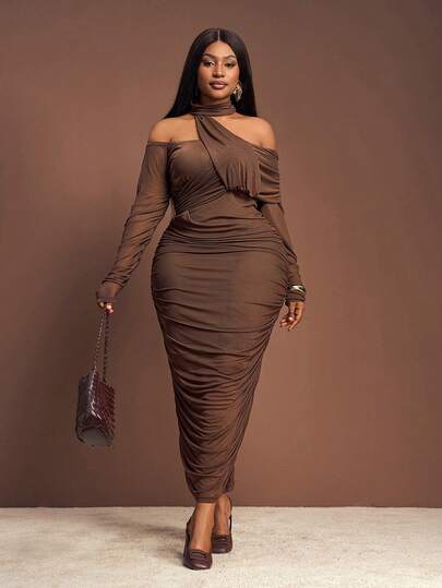 Slaydiva 2025 Vestido maxi de manga larga con malla, volantes y empalmes - Marrón, para talla grande, primavera/verano, nuevo, para festival de música, Pascua, Navidad, fiesta de cumpleaños, graduación, estilo universitario, uso diario casual, versátil básico, ocio, viaje de crucero, playa, tomar el sol, viral, ropa de calle, invitado de boda bohemio, ir y venir, brunch, aeropuerto, Y2K, campo vintage, Año Nuevo, Día de San Valentín, elegante, romántico, fiesta sexy