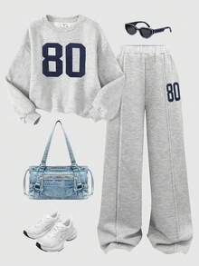 SHEIN 女童字母印花加厚抓绒两件套运动服，休闲宽松日常保暖套装，灰色 - 灰色 - 查看 1